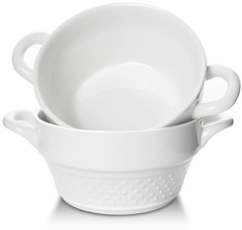 Aleker Ceramic Soup Bowls Breakfast Bowls with Handles Set of 2, 300ml French Onion Soup Bowls Dessert Bowls, Embossed Serving Bowls for Soup, Cereal, Pasta, Quiche, Salad Oven Dishwasher Safe