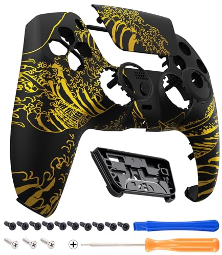 eXtremeRate Re-Design Luna Front Hülle für ps5 Controller-GoldWelle Schwarz | Integriertes DIY-Ersatz Gehäuse, Accent-Ring, Touchpad Cover, Zubehör für ps5 Gamepad BDM-010/020/030/040/050/060
