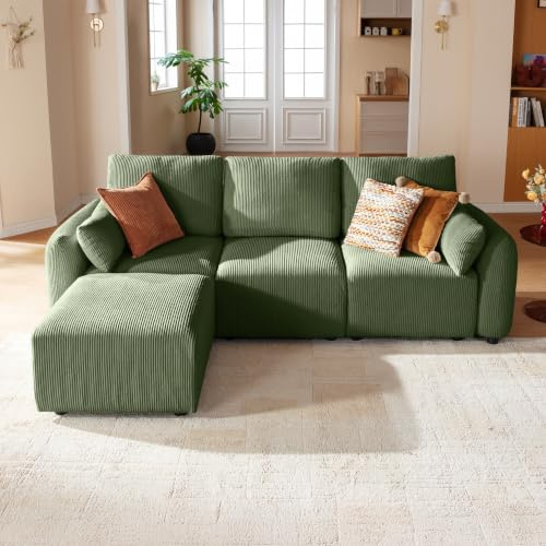 JINOVIA Modulares Ecksofa 254cm, modernes Cord-Schlafsofa in L-Form mit Hocker, individuell konfigurierbare Wohnlandschaft, hochdichter Memory-Schaum, abnehmbare & waschbare Kissenbezüge,Grün