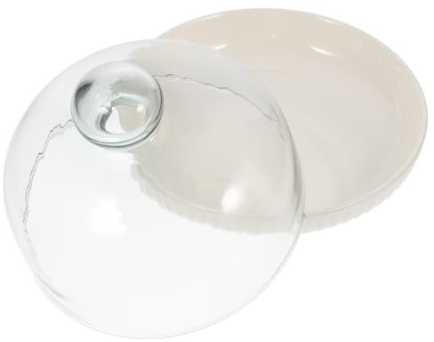 TOYANDONA Plateau à Gâteaux de 7 Pouces en Céramique Crème avec Cloche en Verre Transparente, Assiette de Rangement pour Desserts et Présentoir à Cupcakes, pour Fêtes et Présentation