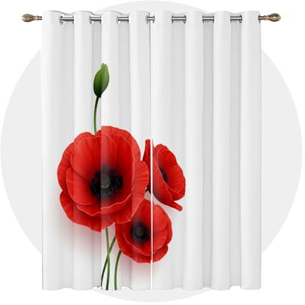 Clofmor Poppy Kitchen Curtains for Windows - Red Flower Floral White Blackout Eyelet Curtain 54 Drop, Short Curtains for Bedroom, W46 X D54, 2 Panels Drapes Home Decor