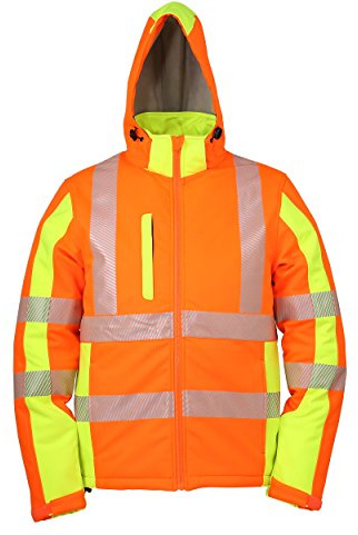 Warnschutz-Softshelljacke Winter, warm gefüttert, abnehmbare Kapuze (L, Warnorange/Neongelb) winddicht, wasserabweisend, atmungsaktiv, mit Reflexstreifen, Warnschutzjacke Softshell Arbeitsjacke