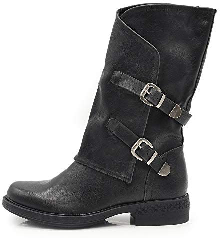 IF Fashion Scarpe da Donna Stivali Stivaletti Biker Fibbie Anfibi Polpaccio Largo G620 Nero 39
