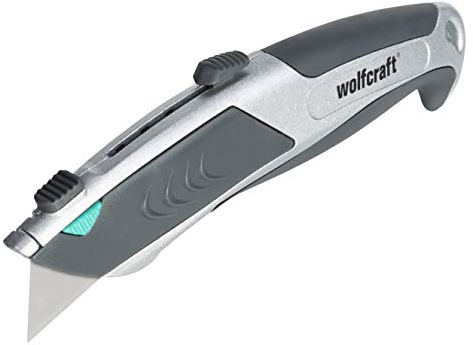 wolfcraft Trapezklingenmesser mit Auto-Load 4320000 – Robustes Cutter Messer mit einziehbarer Klinge für Hand- und Heimwerker – Mit 6 Wechselklingen | Robustes Metallgehäuse mit Softgrip-Zone, Sicherheit durch einziehbare Klinge und 6 Trapezklingen 61 mm 4320000