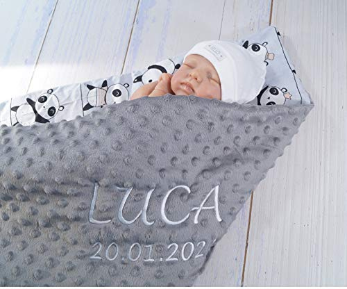 Generisch ★ Babydecke mit Namen und Datum Bestickt ★ Baumwolle ★75x100 cm ★ Füllung ★personalisiert (Grau - Pandas)