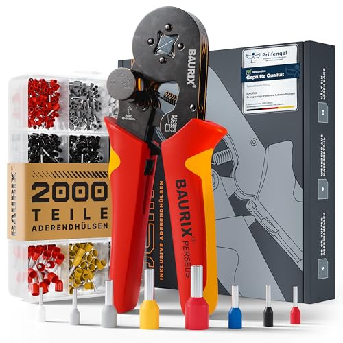BAURIX® Crimpadora Terminales Eléctricos con Kit de 2000 punteras - Pinzas para punteras con regulador de fuerza [para 0,25-10 mm²] - Crimpadora Terminales autoajustables - Alicates Terminales