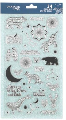 Toga - Silikonstempel, transparent, I love you to the moon and back, Il est grand temps de rallumer les étoiles, Sternbilder, Origami-Tiere - 17 x 31 cm