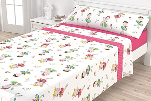 Liniva Home - Juego de Sábanas Infantiles Algodón/Poliéster - Modelo Bailarina - Rosa, Cama 105 cm