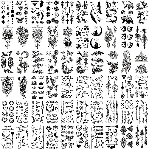 DTnewsun Temporary Tattoos,60 Sheets Waterproof Black Tiny Tattoo Sticker,Butterfly Anchor Compass For Men Women,Roses, Butterflies and Mixed Style Body Art Temporary Tattoos For Neck Arm Hands