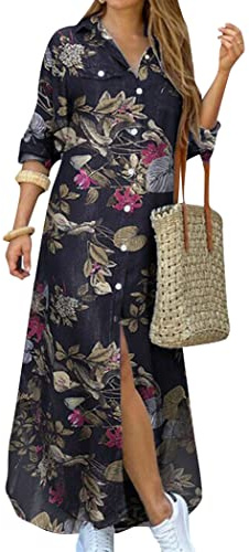 OMZIN Robe Chemise Imprimée à Manches Longues pour Femmes Casual Loose Pocket Button Down Split Party Maxi Robes Fleur Noir M