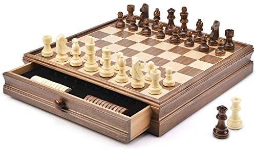 AMEROUS 15 x 15 Wooden Chess & Checkers Set with Built-in Storage Drawers/Weighted Chess Pieces / 2 Bonus Extra Queens / 24 Cherkers Pieces/Classic 2in1 Board Games for Kids, Adults