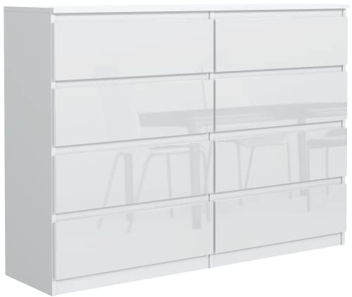 meble masztalerz Kommode 120 cm Breit - Modernes Sideboard - Schrank mit 8 Schubladen - Schubladenschrank - Kommodenschrank für Wohnzimmer, Flur, Schlafzimmer - Weiß Hochglanz 120x101,5x39 cm