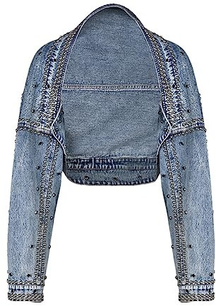 Pohullan Lockere Passform, Blaue Jeansjacke, Nieten-Kurzjacke, Revers, Lange Ärmel, Oberbekleidung, Damenmantel Light Blue M