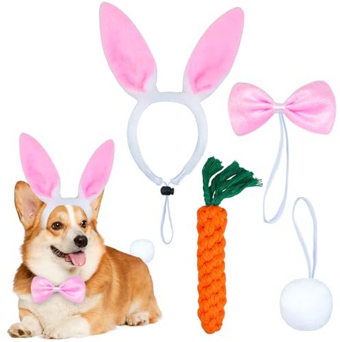 GOYOSWA 4 PCS Easter Dog Outfit Clothes Dog Bunny Ears Bowtie Bunny Tail Easter Costume for Small Medium Large Dogs (Pink Bunny & Carrot Toy)