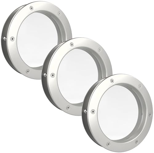 MLS Porthål B4000, Set om 3 Stycken, för Dörrar, Tillverkad av Robust Aluminium, VSG-Säkerhetsglas, Lämpligt för 40 mm Tjocka Dörrar, Synliga Fästskruvar på Båda Sidor, Ø 250 mm, Klart Glas, Silver