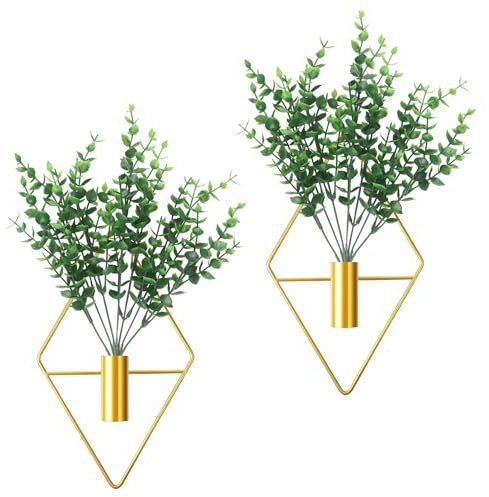 Quinnsus 2 Stück Metall-Wand-Pflanzgefäß-Vase mit künstlichem Eukalyptus, moderne geometrische Innendekoration, goldfarbene Wanddekoration für Zuhause, Wohnzimmer, Schlafzimmer, Boho-Metall-Hängevase