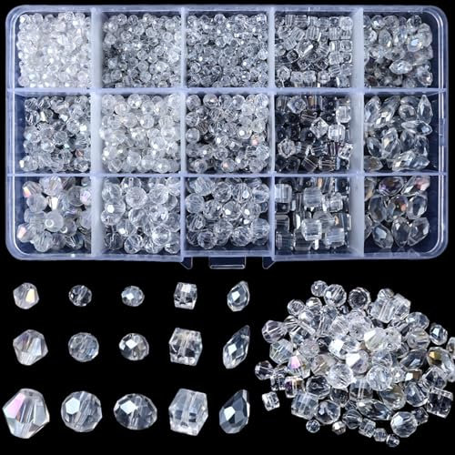 Gocelyn Clear Crystal Glass Beads of 5 Styles, AB Color Plated Transparent Charm Assorted Loose Beads for Jewelry Making Necklaces Bracelets Crafts (Round, Bicone, Faceted, Cube, Water Drop)