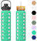 HYDRAGLAZIC 950ML Glass Water Bottle with 2 Flip and Bamboo Straw Lids Sports Water Tumbler with Time Reminder and Silicone Sleeve Leak-proof BPA Free, Green