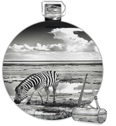 Mularoka Zebra runde Picknickdecke, wasserdicht, sanddicht, faltbar, Stranddecke, 147,3 x 147,3 cm, extra groß, tragbar, waschbar, Outdoor-Matte für Camping, Park, Gras, Reisen