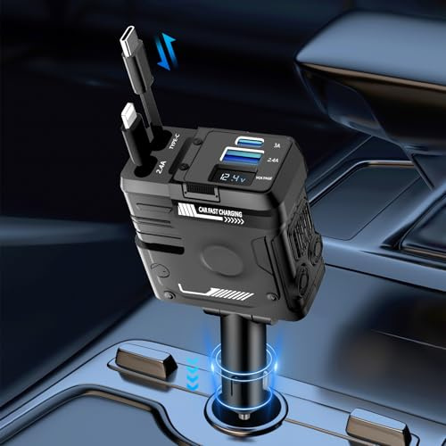 Einziehbares Auto Ladegerät, 66W 4 in 1 Kfz Ladegerät Kompatibel mit iPhone und Typ-C Kabel, Zigarettenanzünder USB C Adapter Auto Ladegerät Retractable Car Charger mit iPhone16/15/14/13/Galaxy/Google
