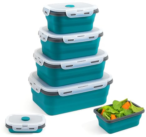 Dice Pro Collapsible Silicone Lunch Boxes – Leak-Proof, BPA-Free, Eco-Friendly Food Storage Containers – Microwave, Dishwasher & Freezer Safe, Space-Saving Bento Box with Lids (Teal)