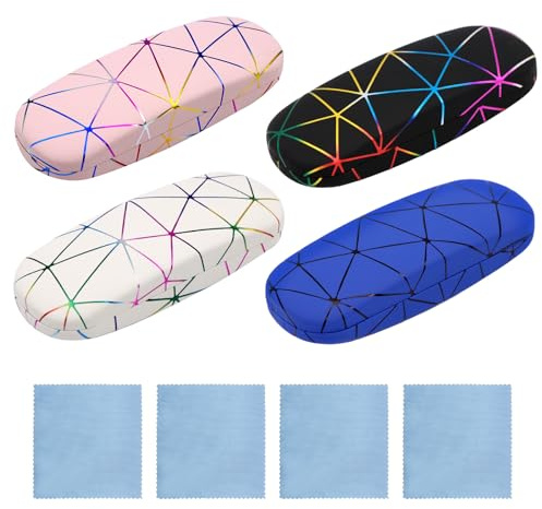 Scettar 4 Stück Brillenetui, Tragbar Brillenetui Hardcase, Geeignet Für Sonnenbrillen, Alle Arten Von Brillen Brillenaufbewahrung （Inkl. 4*Brillentuch, Farbe Schwarz, Farbe Weiß, Farbe Puder, Blau）