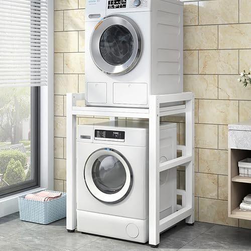 Support Empilable Pour Lave-Linge Et Sèche-Linge Avec Étagère,Superposition Lave Linge Seche Linge,Etagere Machine A Laver,3 Hauteurs Réglables,Meuble Seche Linge,Pour Toilettes Et Buanderie(White)
