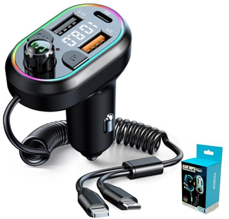 Bluetooth FM Transmitter for Car Adapter 25W USB C PD Charger with Retractable Type C & Lightning Cables, Flash Drive Port, HandsFree Calling Mic Cigarette Lighter for 12V-24V Vehicles