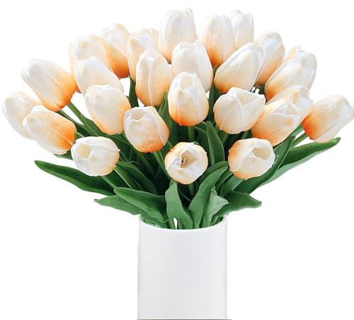 XIANNVXI 15 Stück Leichter Champagner Tulpen Künstlich wie Echt Real Touch Latex Künstliche Tulpen Fake Kunstblumen Blumensträuße Tulpe Arrangement für Hochzeitsstrauß Party Dekor