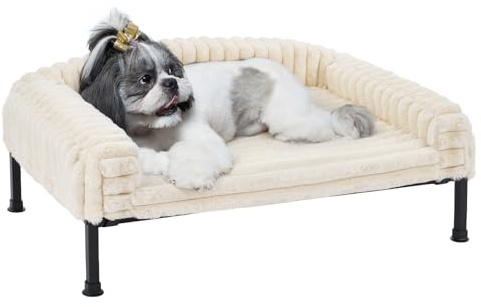 Veehoo Canapé pour Chien Sureleve, Moelleux Transat Chien avec Coussin Amovible et Matelas Orthopédique, Ccanapés et Fauteuils avec Pieds Antidérapants pour Chiots Chatons, Blanc Ivoire 75x50x10cm