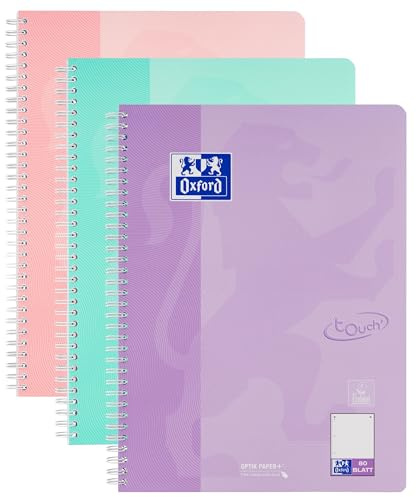 Oxford TOUCH A4+ Collegeblock, 80 Blatt, OPTIK PAPER+®, Doppelspirale, Mikroperforation, scribzee kompatibel, 3 Stück (pastell sortiert | punktkariert)