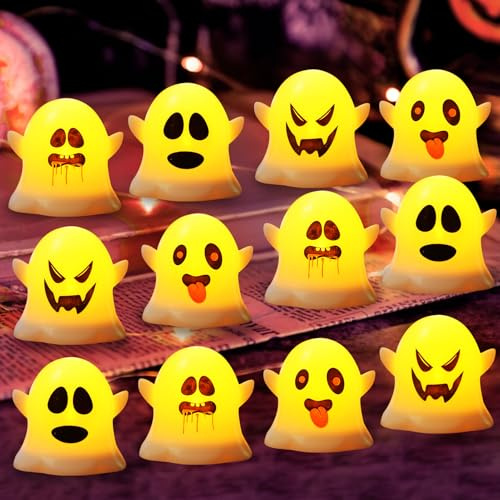 Halloween Deko Geister mit LED Licht, 12 Stück Beleuchtete Halloween Geister Deko Laterne mit Gesicht‌, LED Lichterkette Ghosts, Helloween Lichterkette Ghosts für Innen Außen Helloween Dekoration (A)