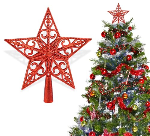 Weihnachtsbaumspitze, Christbaumspitze Stern, Weihnachtsbaumspitze Stern Vintage Leicht Baumspitze Weihnachten, Klassisch Kunststoff Tannenbaumspitze für Weihnachten Deko (Rot)