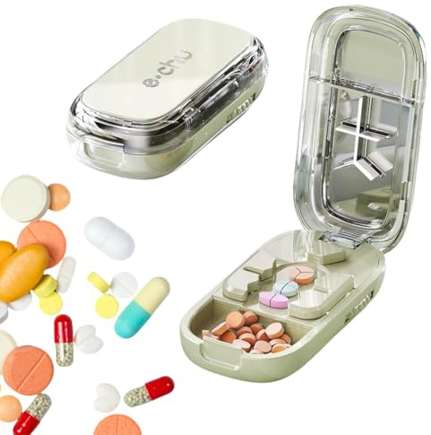 Echu Tragbarer Pillenschneider, Verstellbarer Tablettenteiler mit Edelstahlklinge für Große, Kleine & Winzige Tabletten, Halbieren, Dritteln, Vierteln, Zentrierung, Reise/Alltag