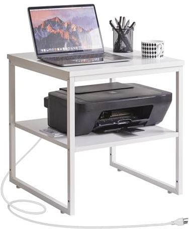 Aibiju Living Room Large Side Table, End Table with Charging Station, Refrigerator Stand Printer Table with Adjustable Shelves, Office Square Coffee Table with USB Ports White YD-TM153WD