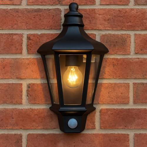 CGC Black Outdoor Wall Light Lantern Traditional Vintage Half Wall Flush Mount E27 Mains Power Motion Sensor (Large Half Wall PIR)