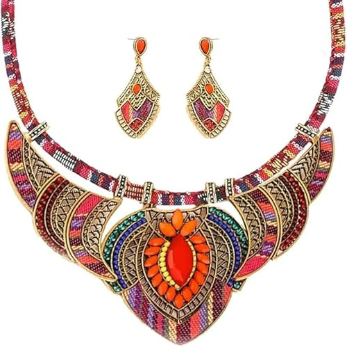 XVICO Bohemian Schmuckset Damen – Extravagante Halskette + Ohrringe Orientalisch, Bunten Steinen & Webmuster für Festlichkeiten & Bauchtanz-Kostüm
