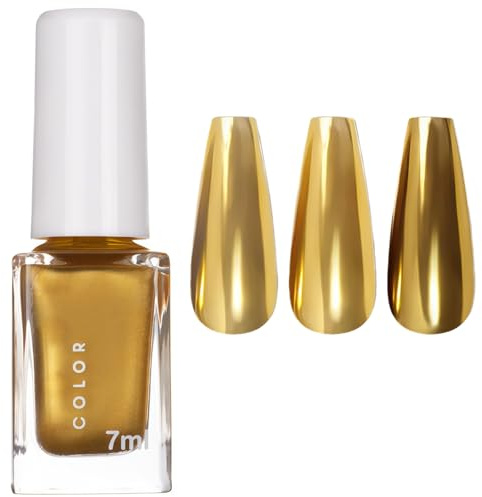 Gold Nail Polish, Mirror Metallic Nail Varnish Quick Dry, Gold Chrome Effect Gel Nails Polish, Breathable & Long-lasting Formula, No Lamp Needed, Metal Effect Nails Art Manicure