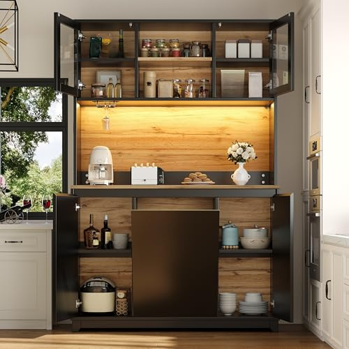 LAKFEW Alacena de Cocina con Iluminación LED y Cubo de Basura, Aparador Cocina Alto con 4 Puertas y Compartimentos Abiertos, Armario Cocina Almacenaje con Dispositivo Antivuelco, 120x40x180 cm, Negro