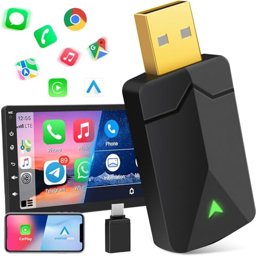 Adattatore Carplay Wireless & Android Auto Wireless 2 IN 1, Converte An-droid Auto/Carplay da cablato in Wire-less,Typ-C/USB Plug & Play Mini, Compatibile con iOS 10+ Android 11+