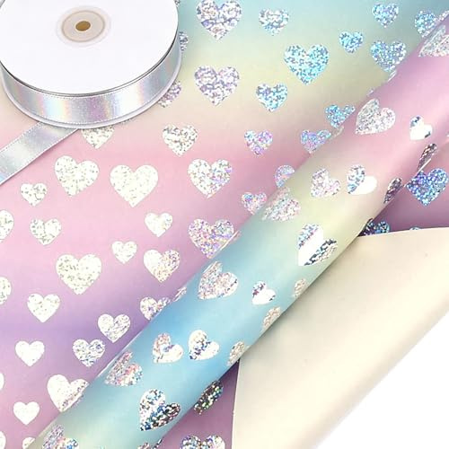 Regenbogen Farbe Hochwertiges Geschenkpapier - 43 cm x 10 m Farbe Herzform Einseitig Brillantes Geschenkpapier für Hochzeits, Geburtstags, Valentinstag, Party und Festivalgeschenkdekorationen