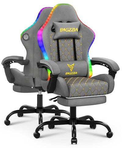 Bigzzia Gaming Stuhl LED, Ergonomischer Gaming Chair mit Bluetooth Grau | Mit Fußstütze/Kopfstütze/Lendenwirbelstütze, 90°–135°Verstellung, Zocker Stuhl für Arbeit Freizeit Gaming, aus PU-Leder