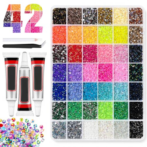 42 Colores Bedazzling Kit 32000 Strass Para Pegar 3 mm Diamantes para Manualidades Ropa Zapatos Nail Art, con Pegamento Pinzas y Bolígrafo