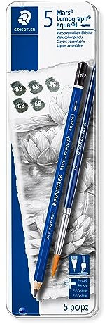 STAEDTLER 100A G6 ST wasservermalbare Künstlerbleistifte Mars Lumograph aquarell (Sechskantform, unglaublich bruchfeste Premium-Bleistifte, hohe Qualität, 3 Härtegrade, 1 Rundpinsel, Metalletui)