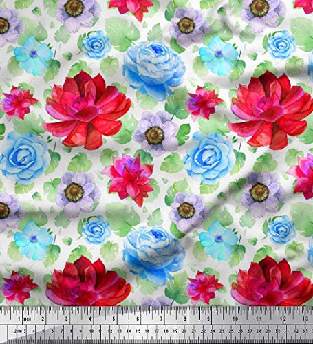 Soimoi Weiß Moos Georgette Stoff Monstera Blutter, Anemone & Begonie Blumen- Dekor Stoff gedruckt 1 Meter 42 Zoll breit