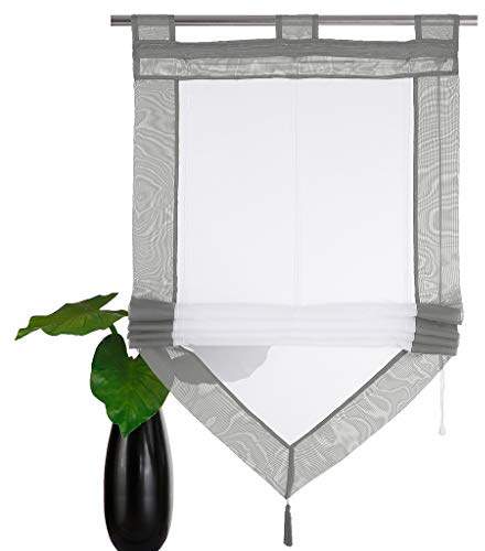 SIMPVALE 1 Stück Raffrollo Vorhang mit Quastendekoration, Höhenverstellbar Transparenter Voile Vorhänge, Modern Gardinen für Schlafzimmer Badezimmer Küche, Grau, 45x140cm
