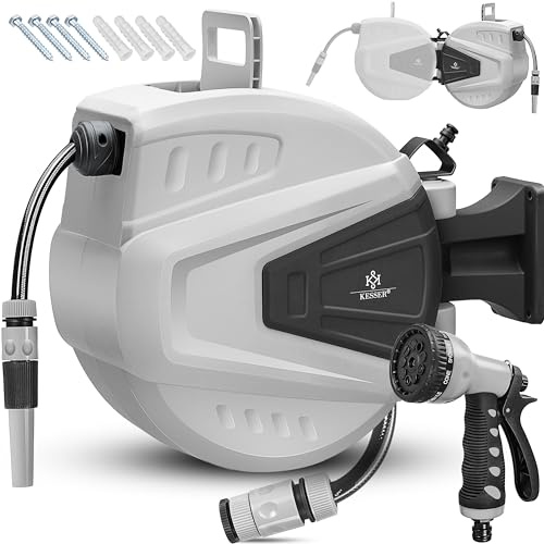 KESSER® Avvolgitore di Tubi Acqua | Doccetta Multipla | Orientabile a 180° | Tappo di riavvolgimento | Cassetta dei Tubi a Parete | Avvolgitubo dell'Acqua | Pompa da Giardino, Arancione, 15 Metri