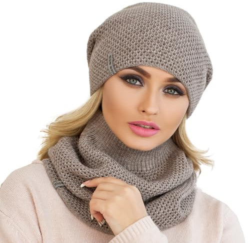 Set mit Mütze und Schal für Damen, gestrickt, einfarbig, Beanie, Halswärmer, Woll-Fleece-Mütze, Unendlichkeitsschals, dark coffee, Einheitsgröße