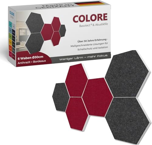 platino24 Akustikpaneele 6 Elemente Colore Waben Ø 30 cm Anthrazit + Bordeaux I Schallabsorber aus Basotect G+ mit Akustikfilz I Schalldämmung Wand & Decke I Akustikelemente Wandpaneel