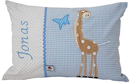 Glückspilz Namenskissen Babykissen I Giraffe I mit Namen personalisiert I Geschenk zu Geburt, Taufe oder Geburtstag (Hellblau, 25 x 35 cm)